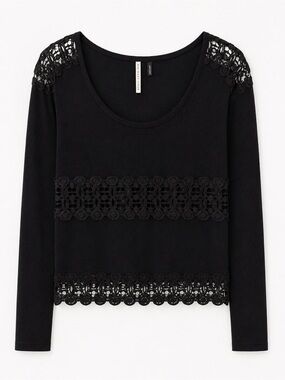 “You Are Not Alone” Lace-Trim Long Sleeve Black Top